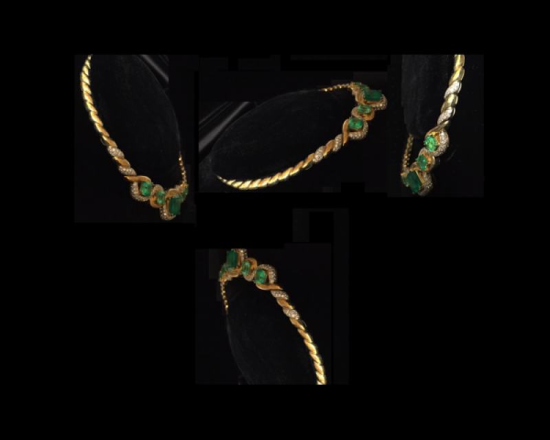Classic five stone emerald and diamond necklace, 18k yellow gold