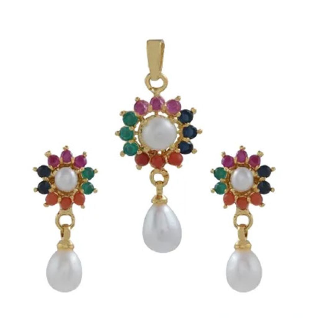 Freshwater Teardrop & Round Pearl Pendant Set with Emerald, Rubies & Blue Sapphire i