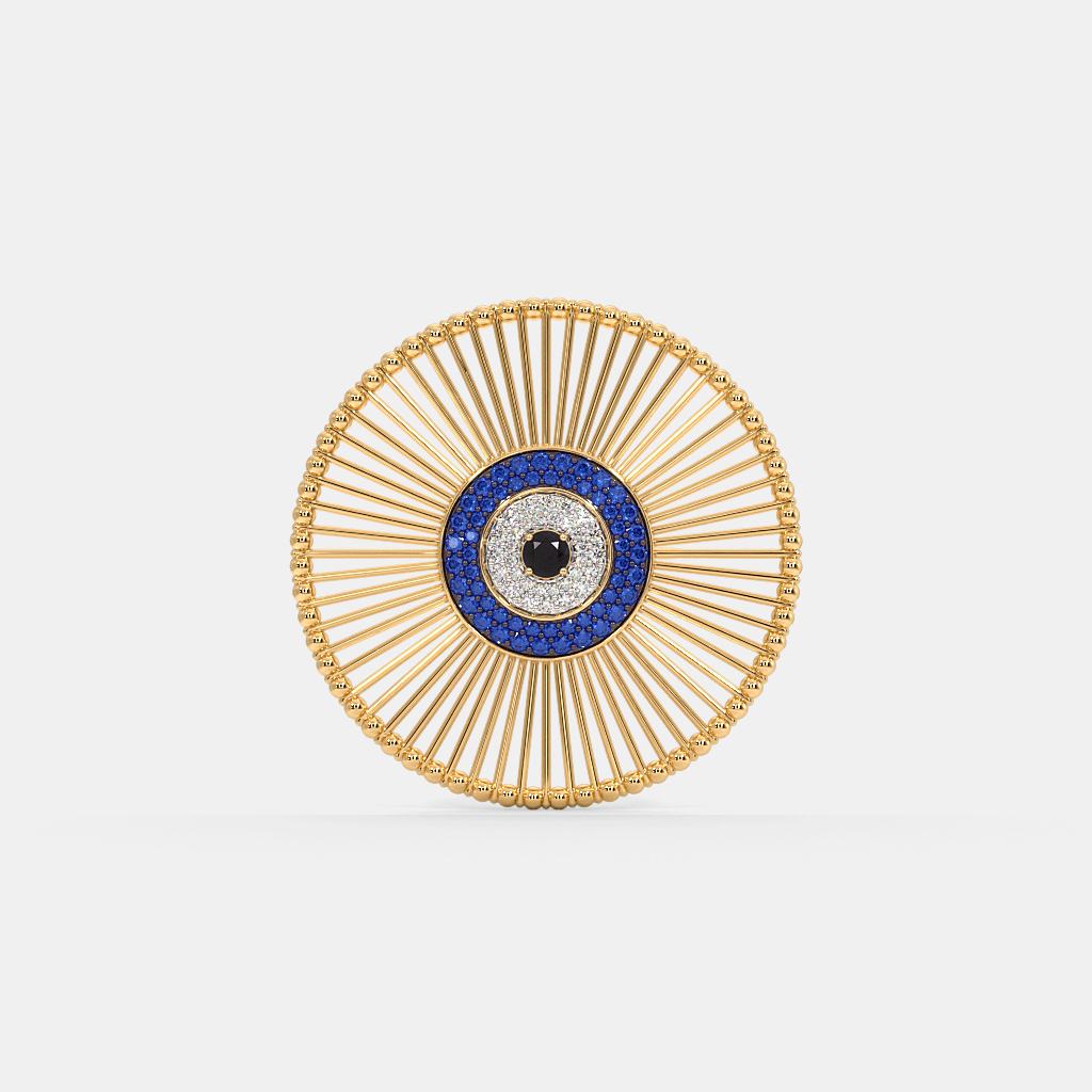 Evil Eye Brooch in 24 Carat Gold with Blue Tanzanite and White Diamonds