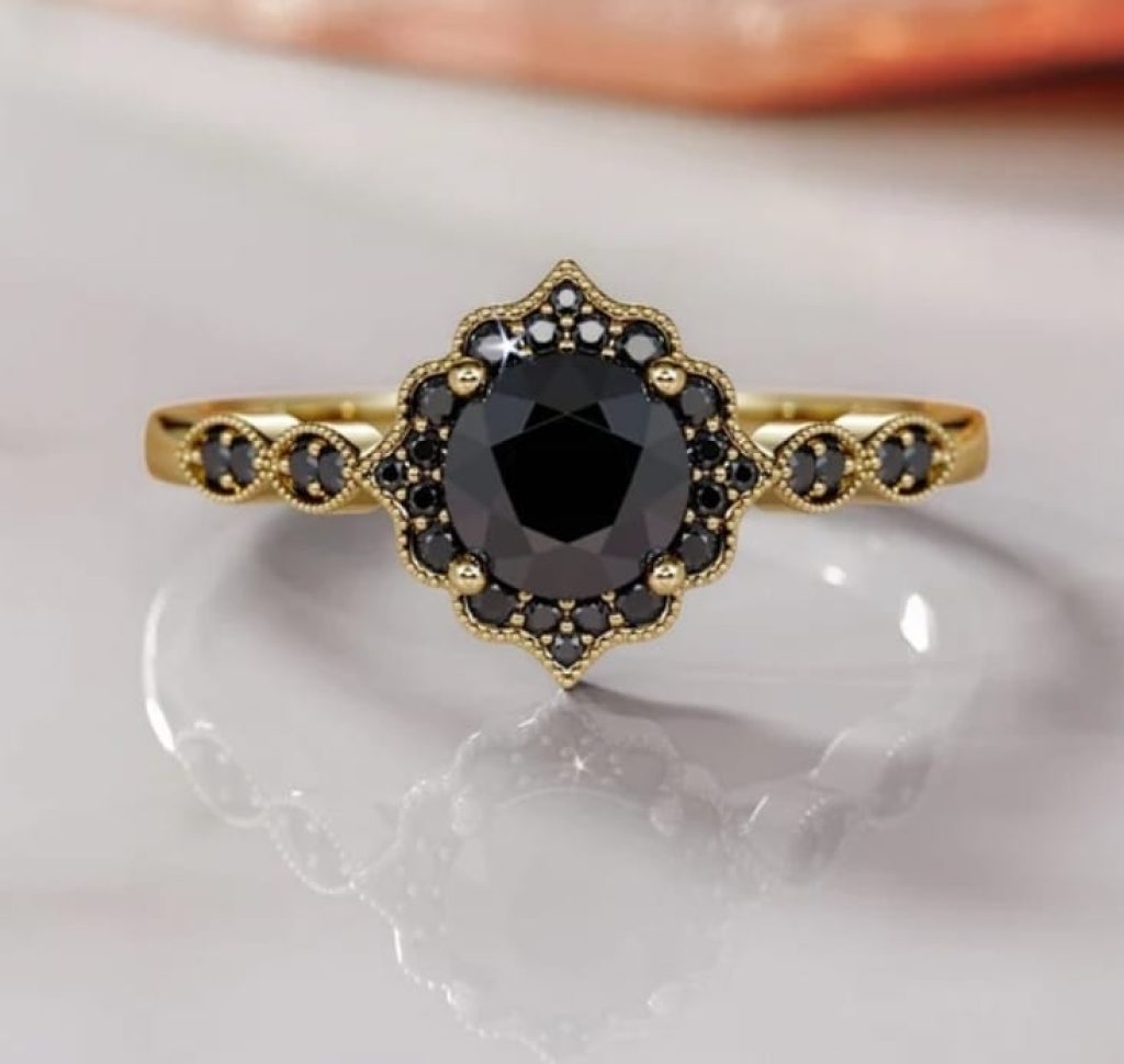 Floral Halo Black Diamond Gold Ring