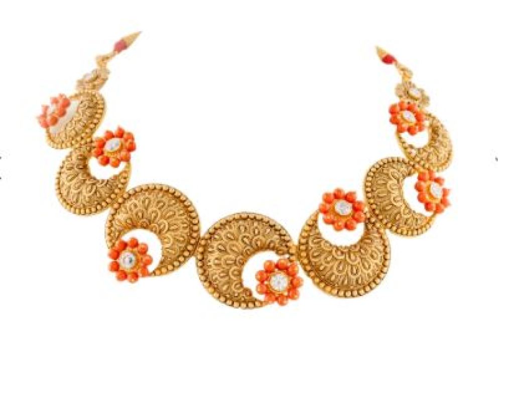 Designer Royal Antique Gold Necklace with Traditional Carving