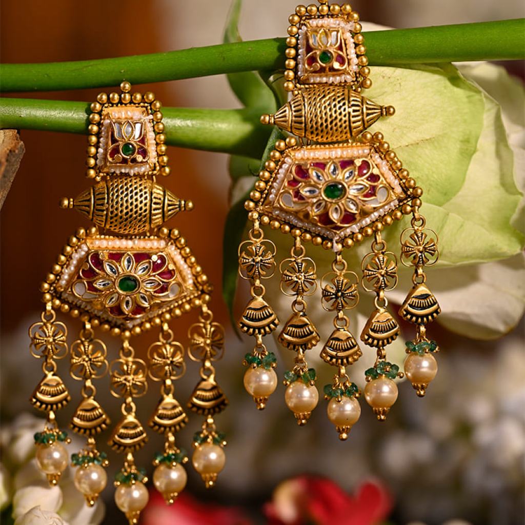 Heritage Gold Jhumkas with Pearls & Emeralds