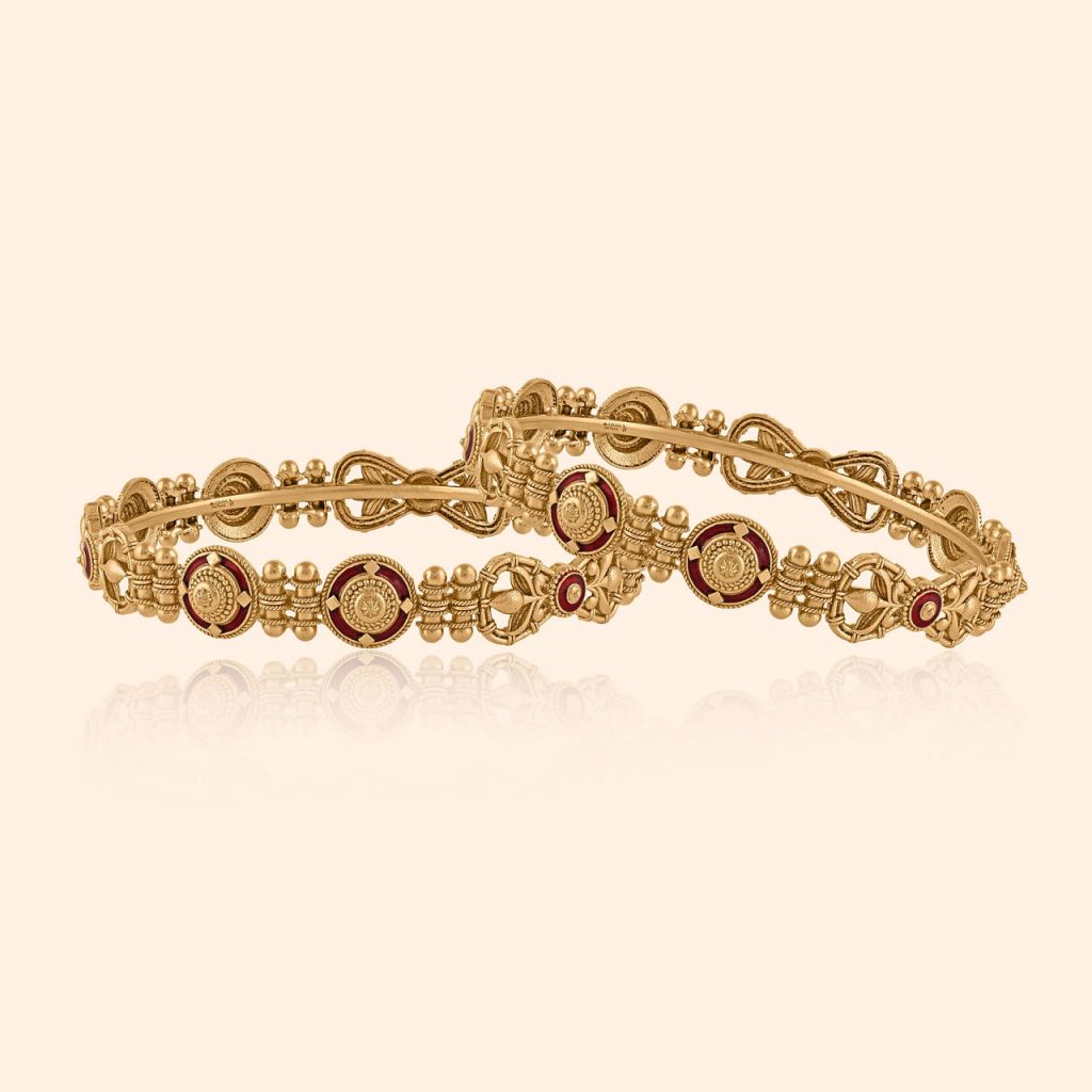 Classic Nakshi Round-Panel Gold Kada Pair