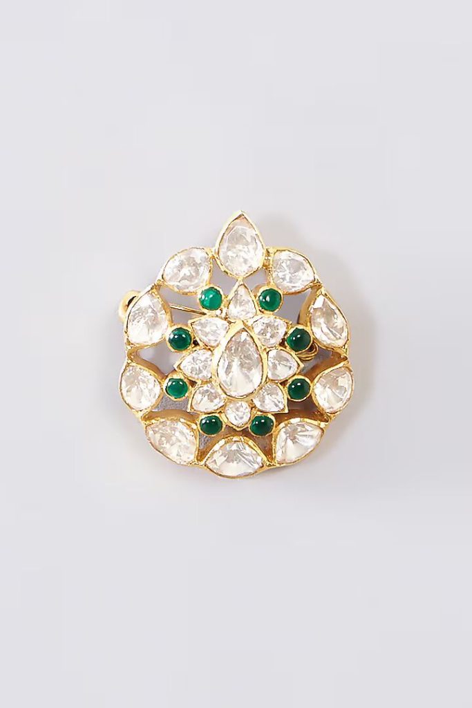 Gold Finish Moissanite Polki & Emerald Brooch In Sterling Silver