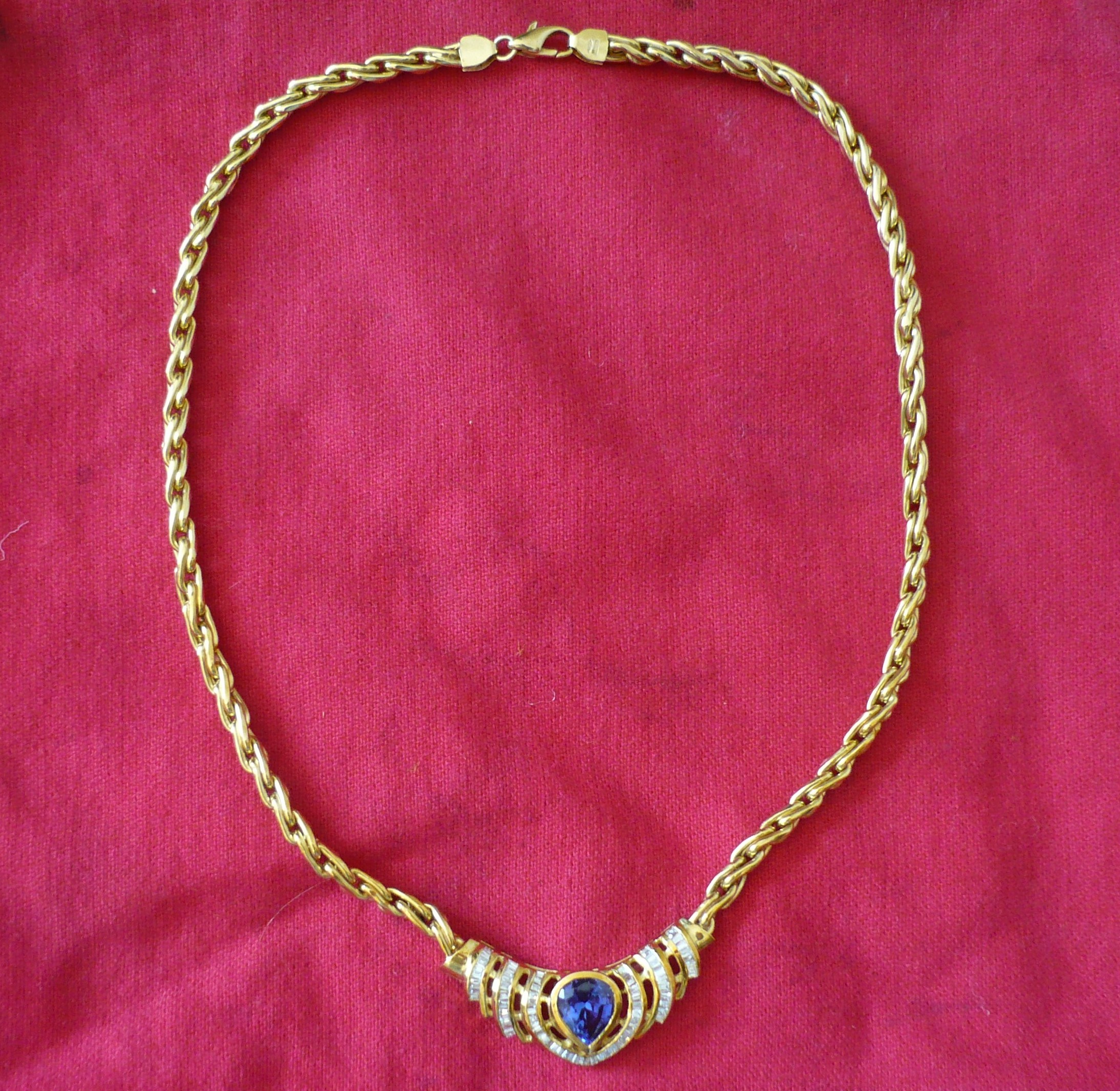 Gold Necklace with Pear cut Blue Sapphire and white Diamonds
